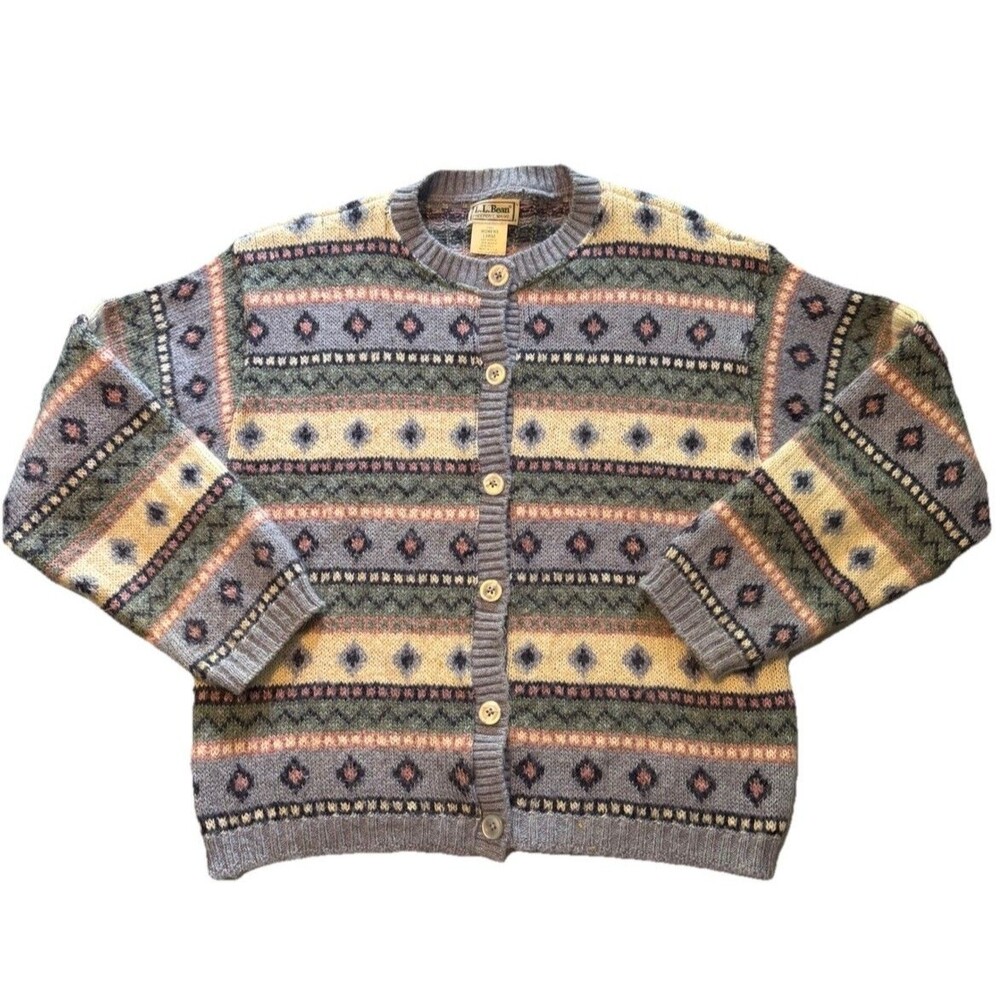 Vintage L.L. Bean Fair Isle Cardigan Sweater Womens Large Mohair Blend